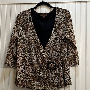 Leopard Print Faux-Wrap Blouse with Ring Detail - Brown